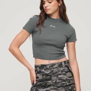 Superdry Organic Cotton Ribbed Embroidered Fitted T-Shirt Women's Medium Blue